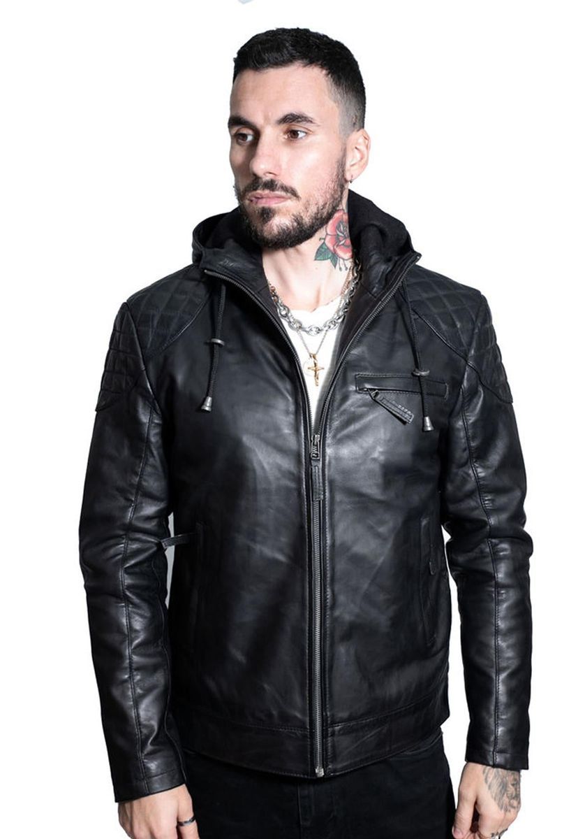 Herren Leder Bomberjacke mit Kapuze
