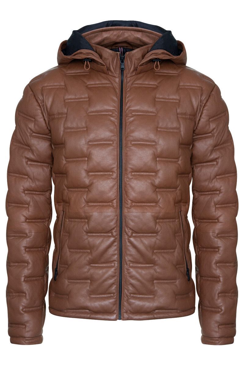 Herren Gesteppte Leder Puffer Jacke mit Kapuze