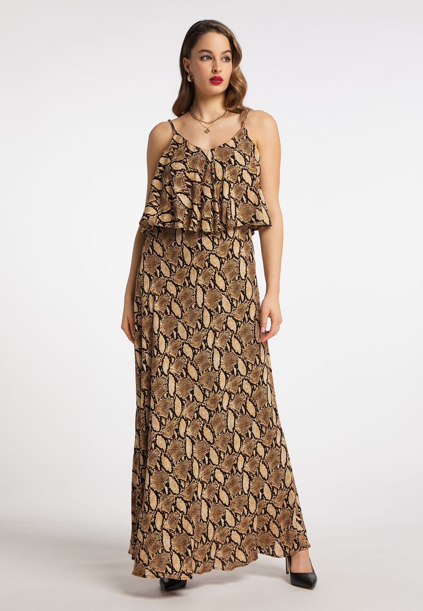 Fließendes Schlangenprint-Maxikleid mit Volant