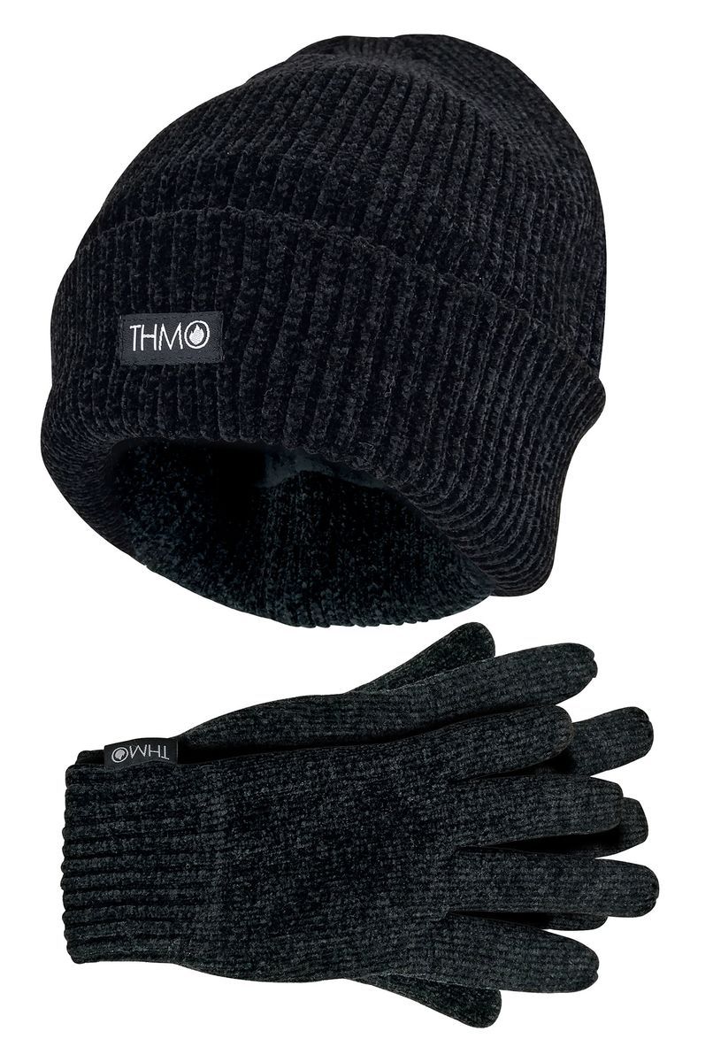 Damen Thinsulate Mütze und Handschuhe Set | THMO | Weiche Chenille gerippte Beanie Mütze & Handschuhe für Frauen - Schwarz