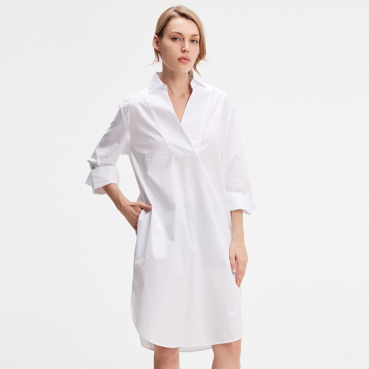 Baumwoll-Hemdkleid mit 3/4-Ärmeln