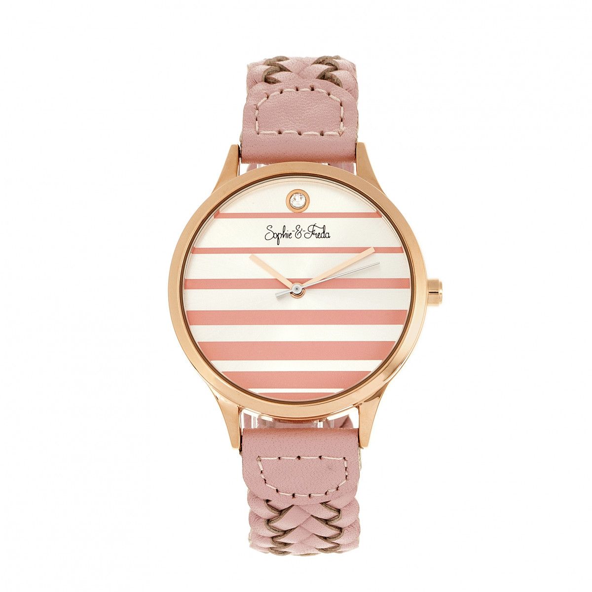 Uhr mit gestreiftem Zifferblatt und geflochtenem Lederarmband