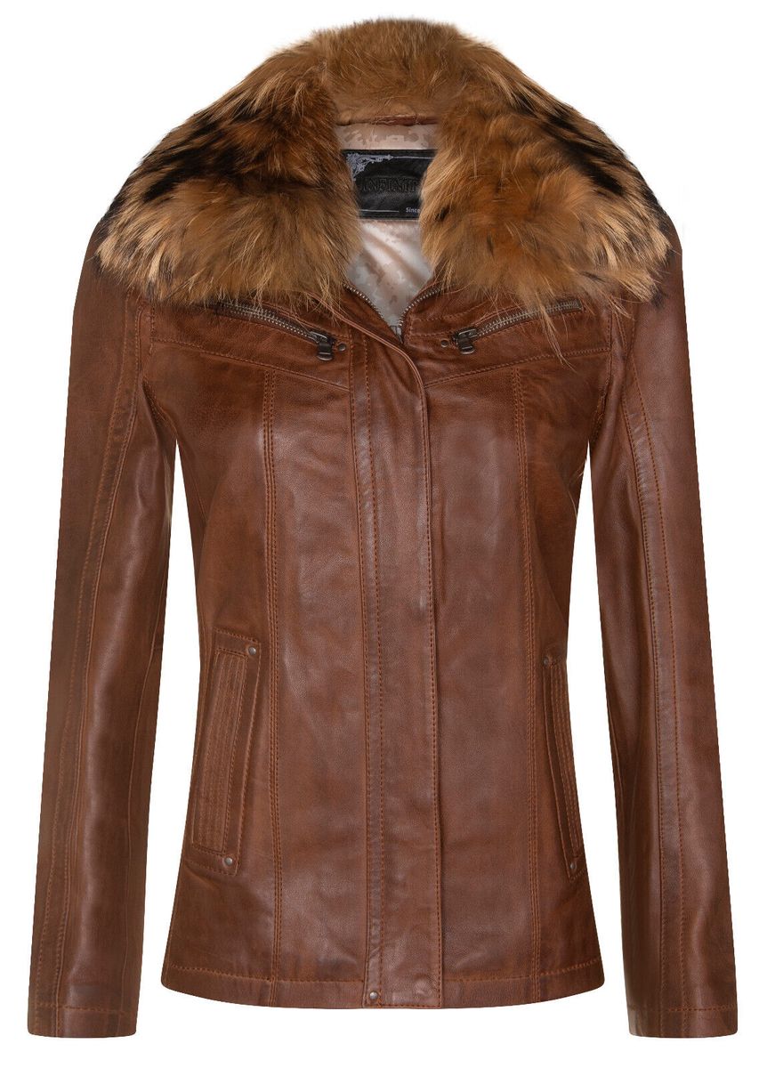 Braune Lederparkajacke mit Fellkragen