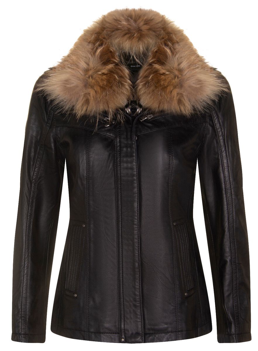 Braune Lederparkajacke mit Fellkragen
