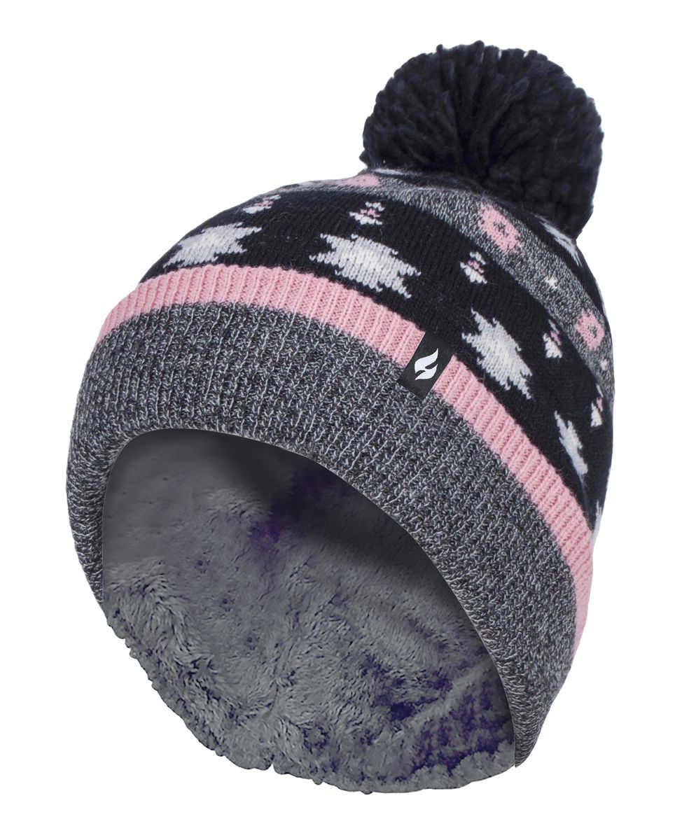 Heat Holders - Ladies Warm Knit Fleece gefüttert Winter Warm Hat mit Pom Pom - Grau / Schwarz