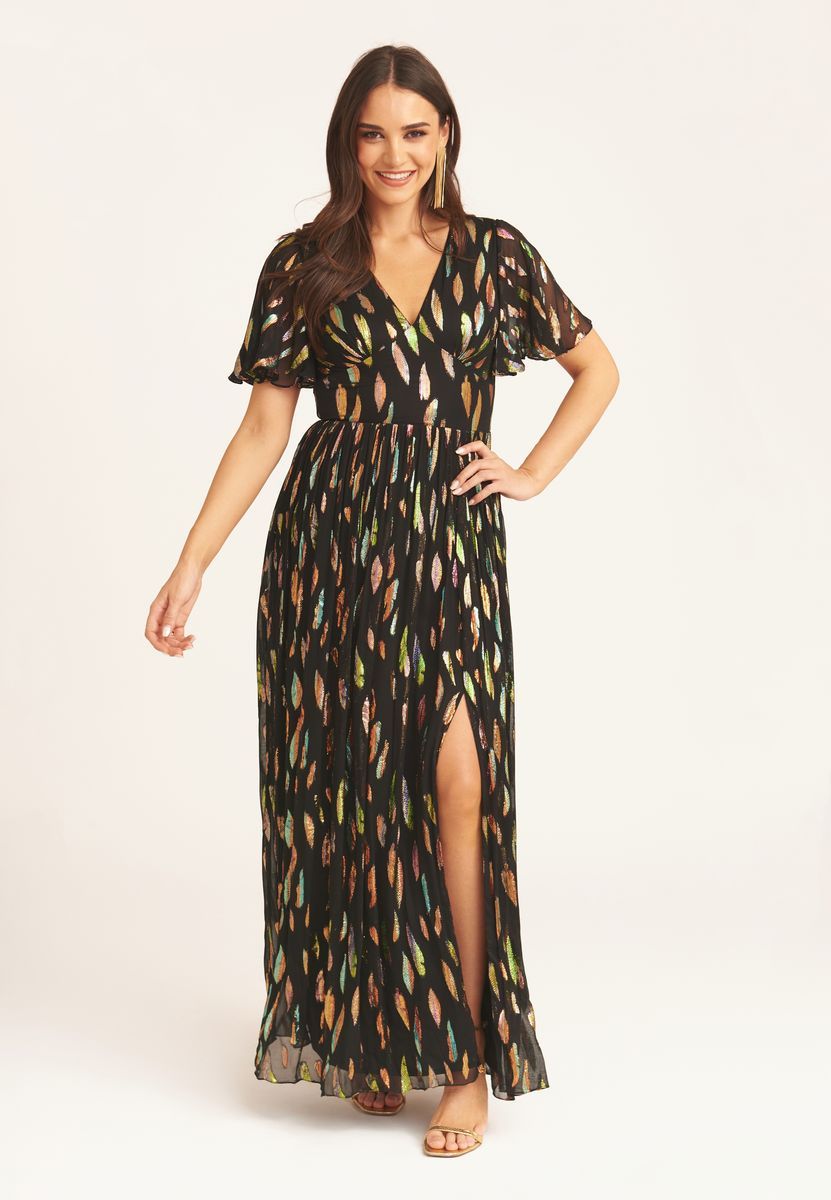 Metallic-Jacquard-Maxikleid mit Engelsärmeln