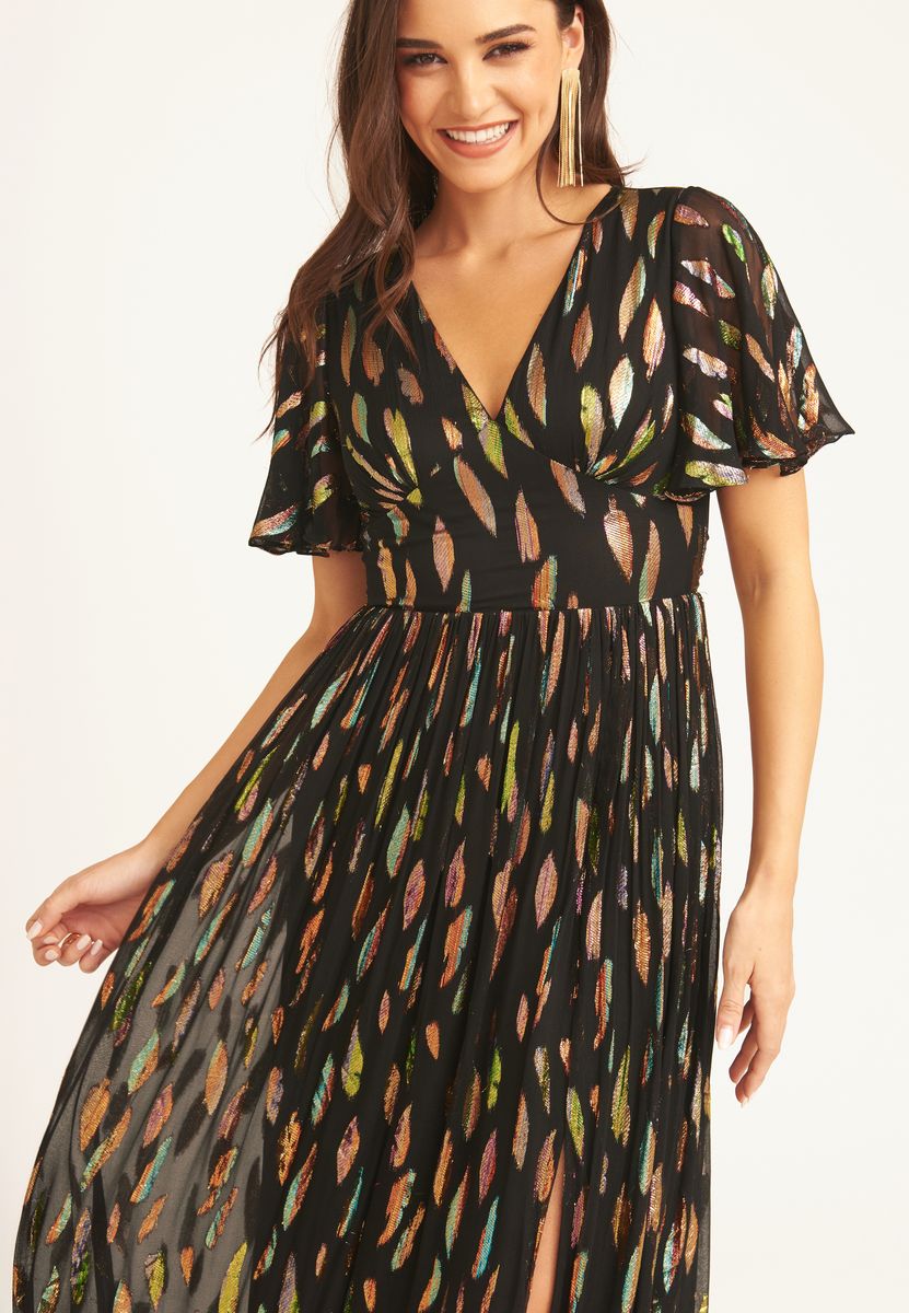 Metallic-Jacquard-Maxikleid mit Engelsärmeln