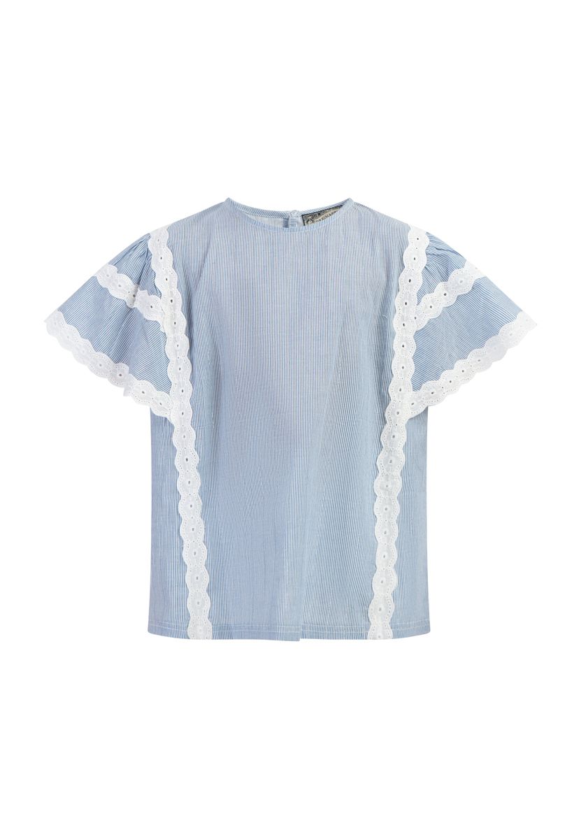 Mädchen Hellblau Gestreiftes Spitzenbesatz-Top