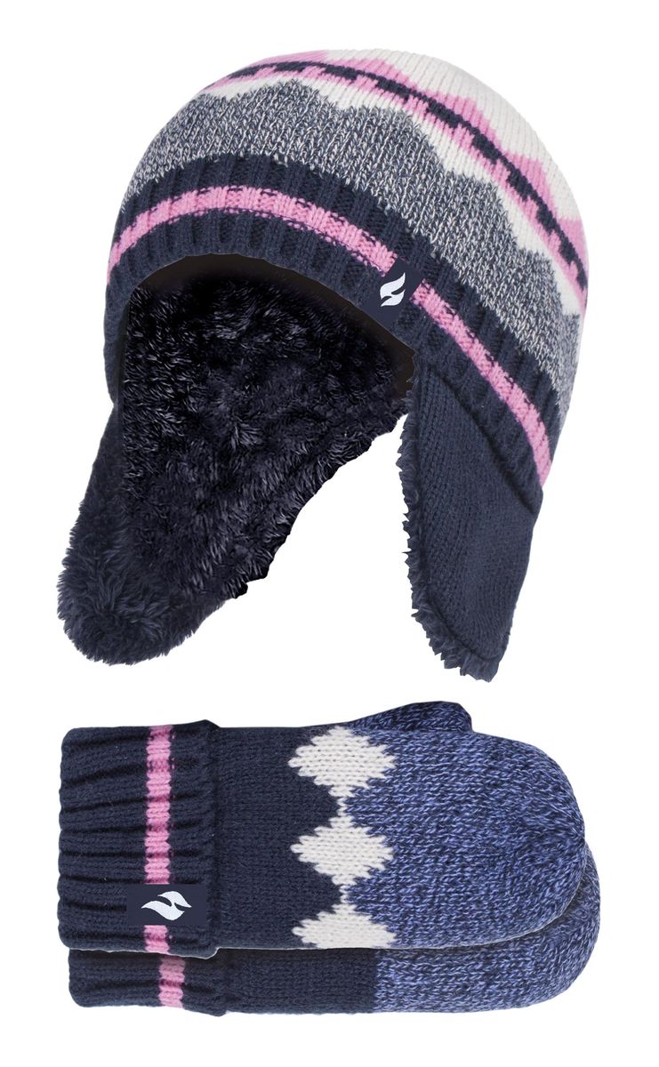 Wärmehalter - Girls Nordic Pattern Fairisle Design Trappermütze mit Pom Pom und Fäustlinge Handschuhe Set - Navy