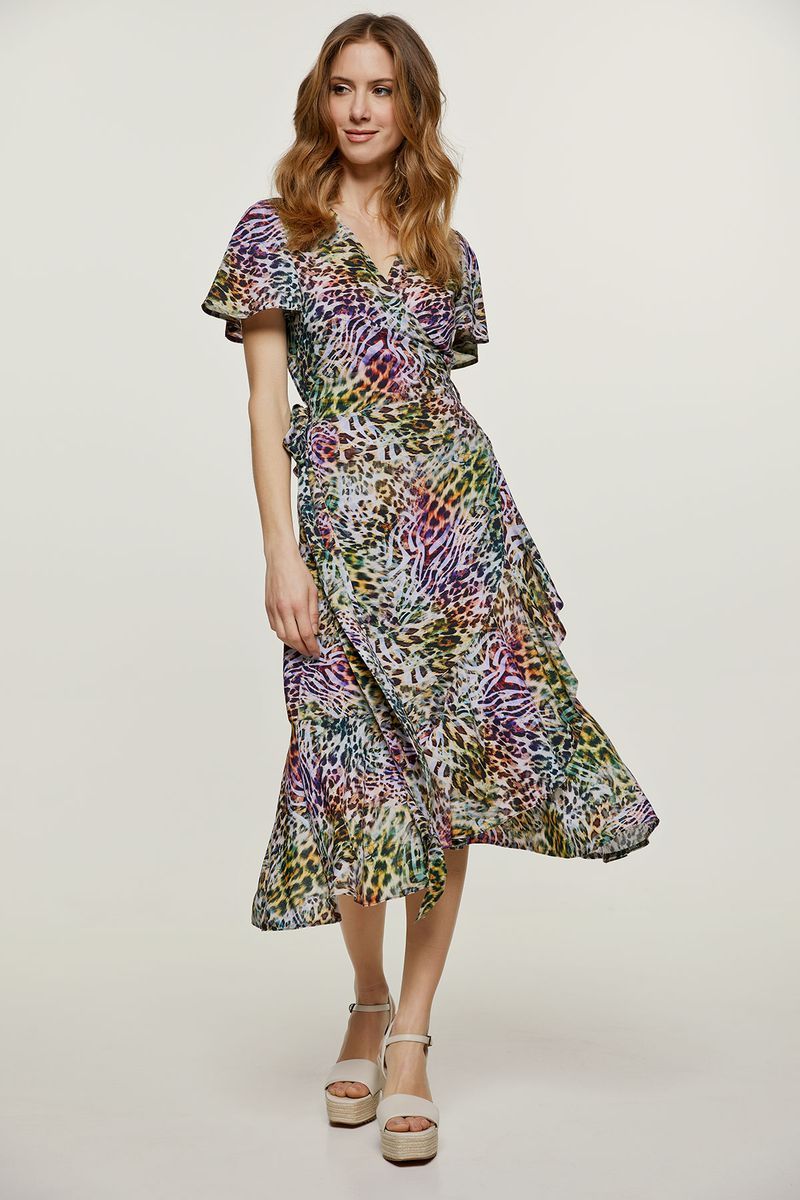 Buntes Animal-Print-Wickelkleid in Midi-Länge