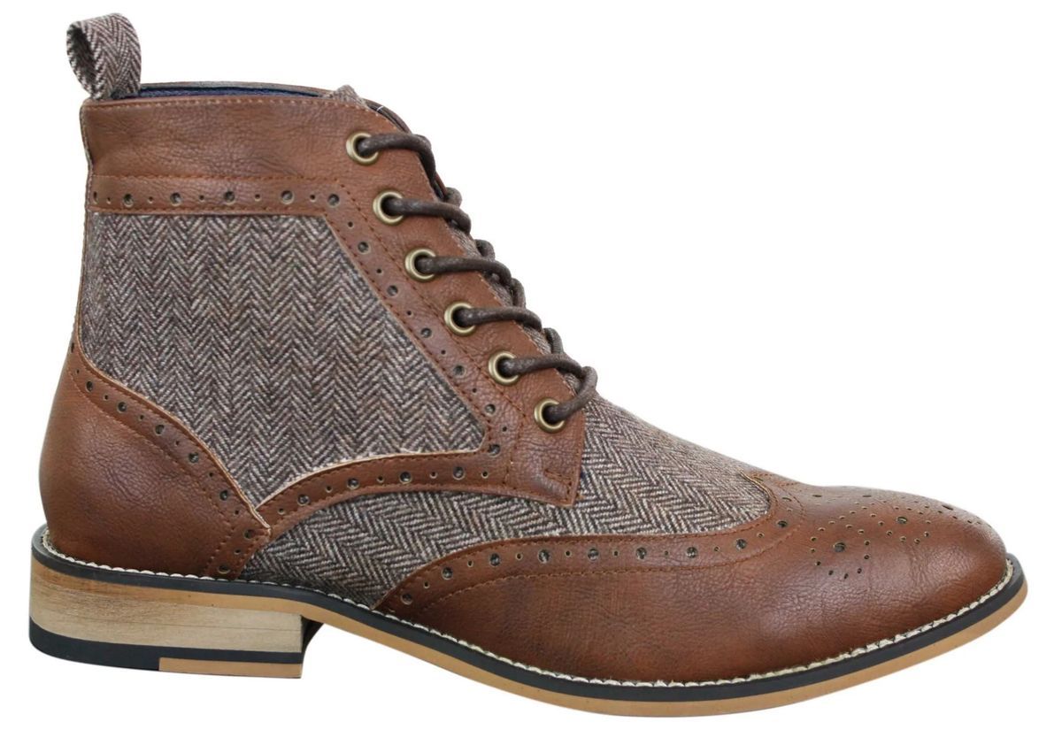 Klassische Tweed-Wingtip Leder-Stiefelette
