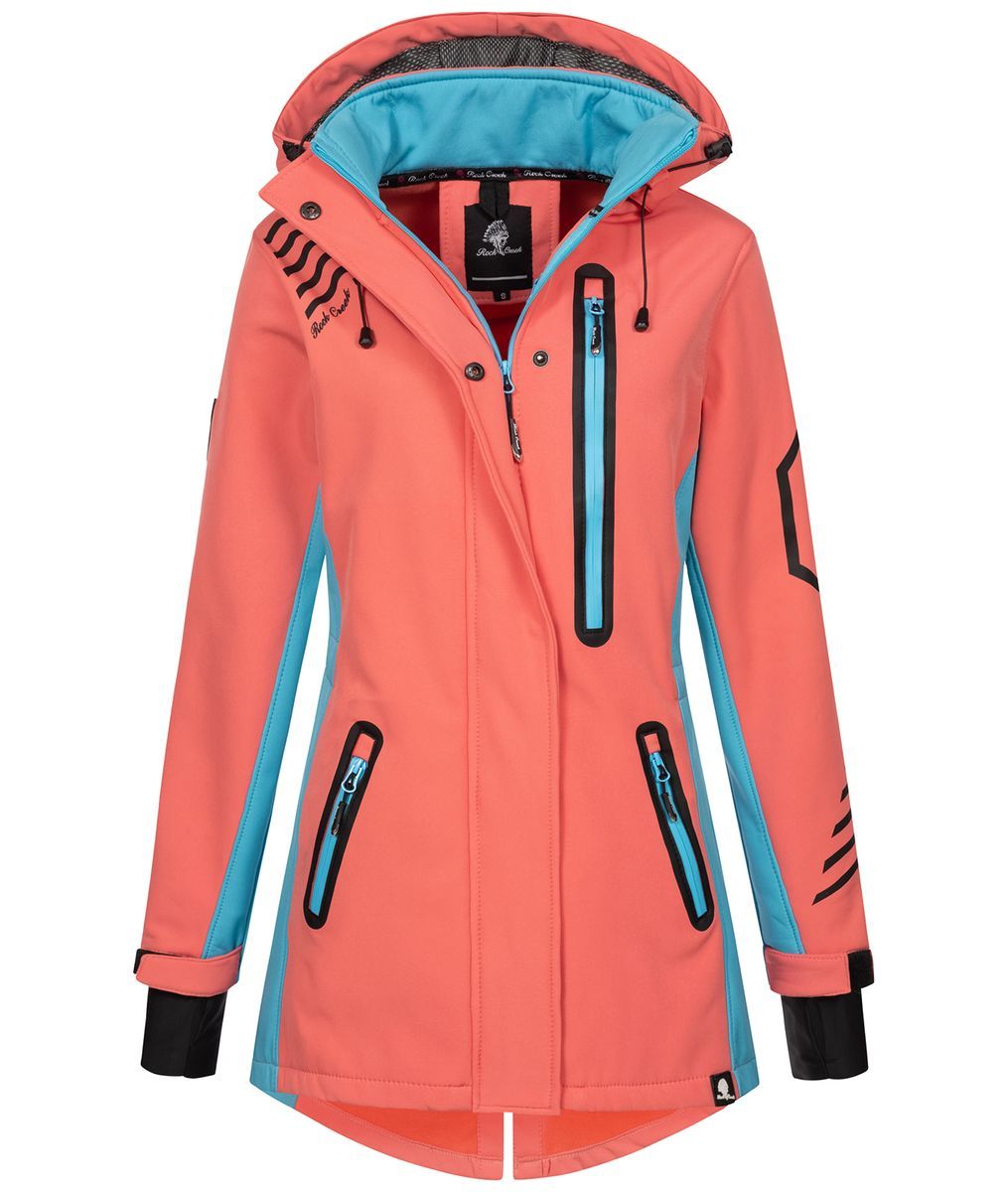 Korallenfarbene Softshell Regenjacke mit Kapuze
