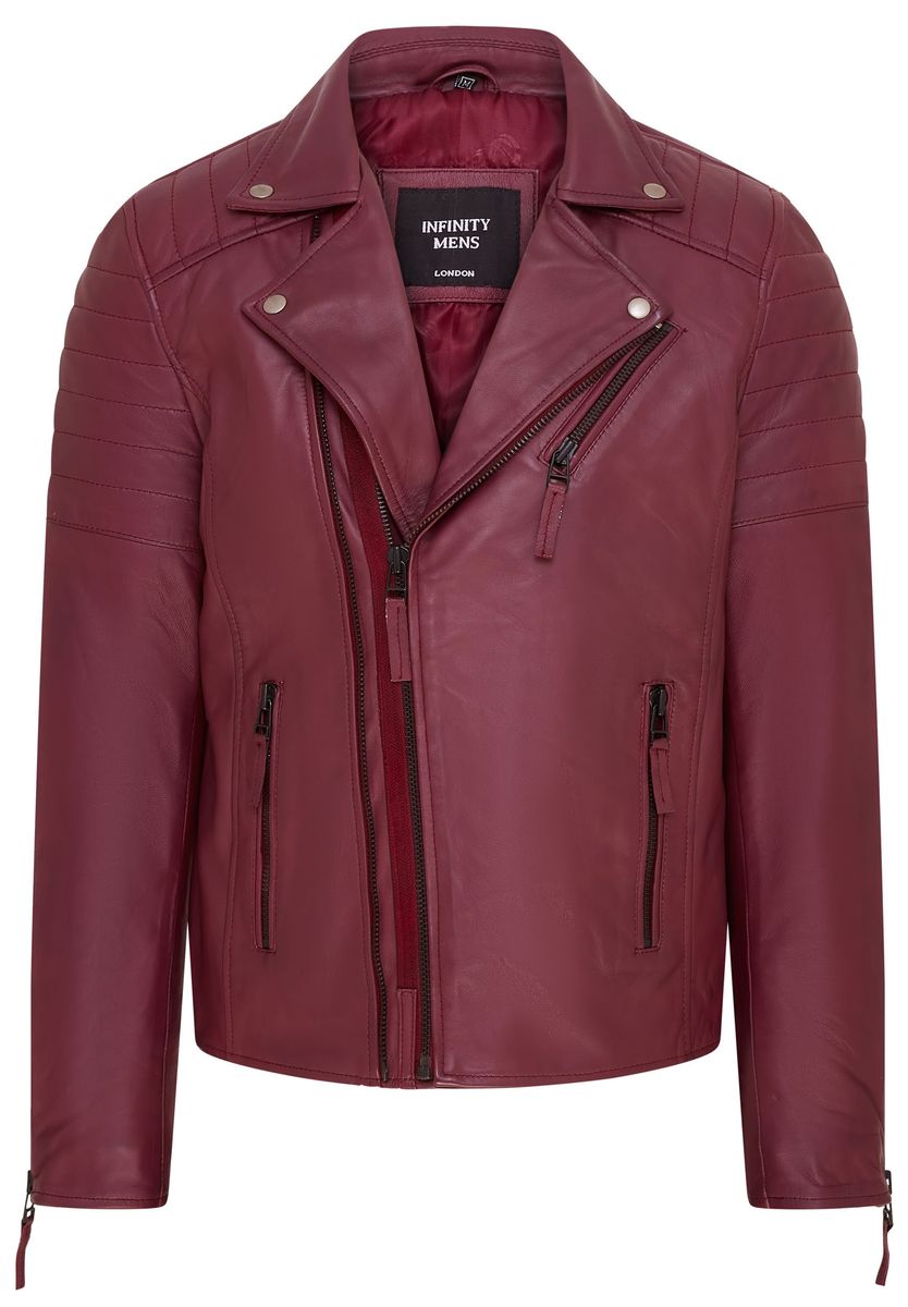 Burgunderfarbene Leder-Bikerjacke mit Doppelreißverschluss