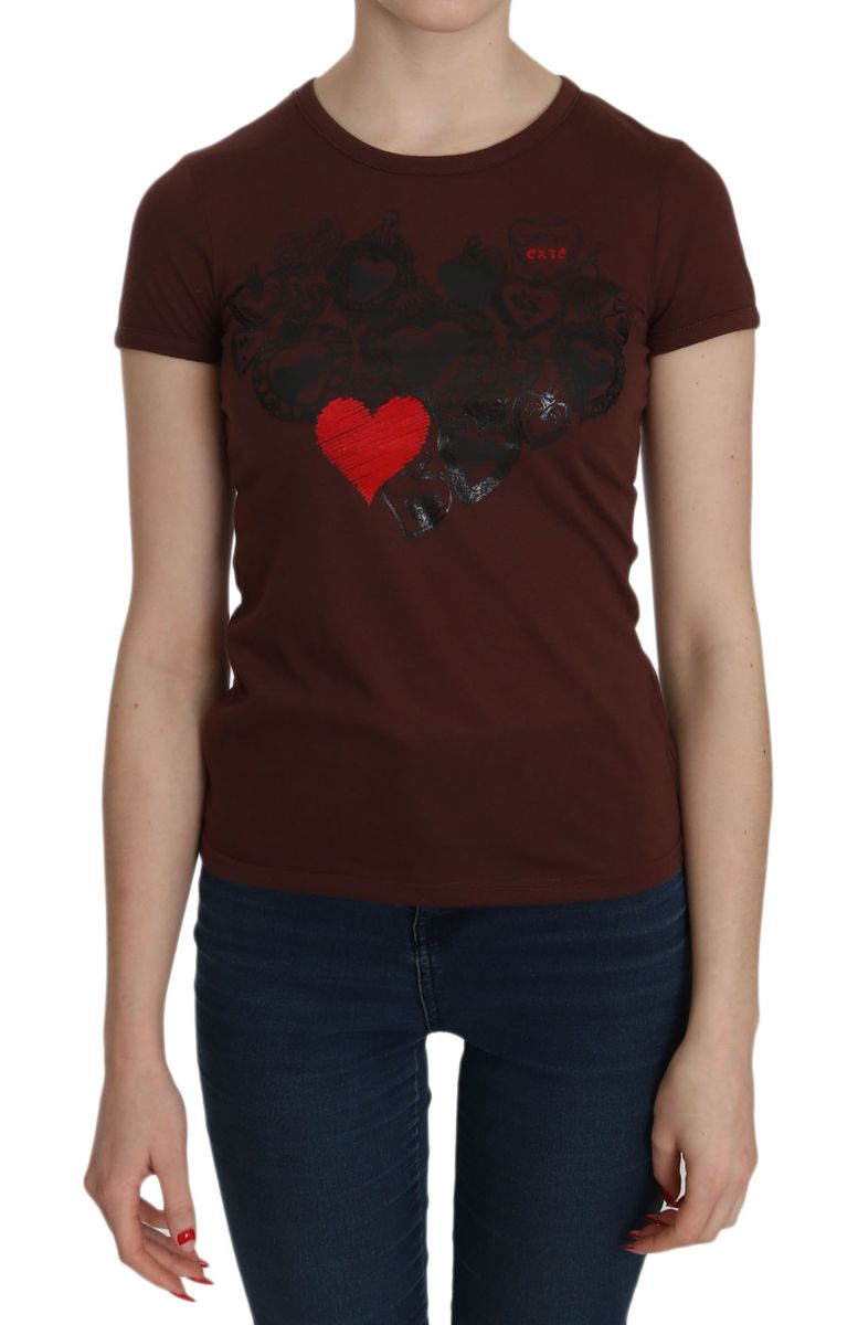 Exte Damen Braun Herzprint Rundhals T-Shirt Kurzarm Bluse