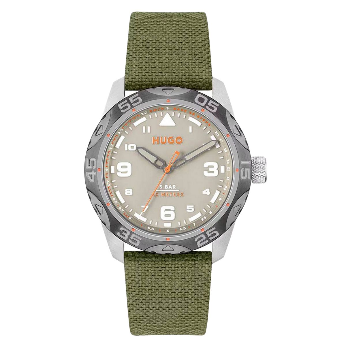Moderne Uhr mit grauem Zifferblatt und olivem Armband