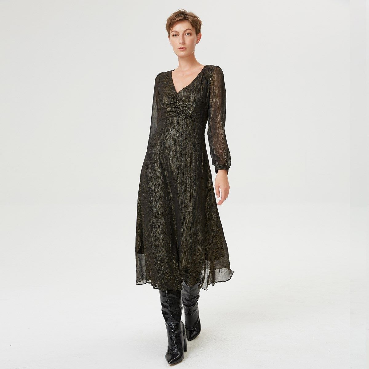 Gold-Schimmerndes Midikleid mit V-Ausschnitt