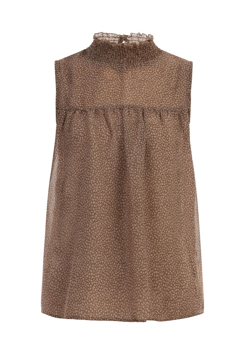 Ärmellose Bluse mit Rüschenkragen und Blumenmuster