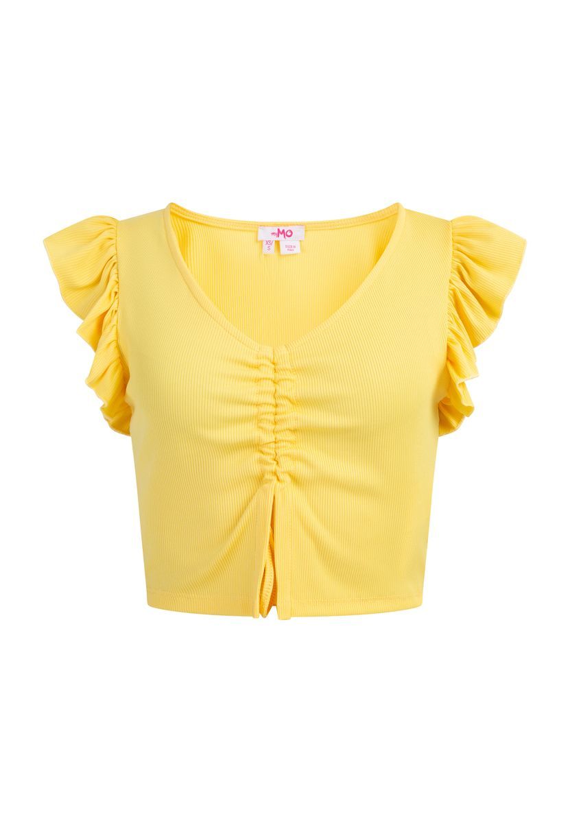 Geripptes Strick Crop Top mit Rüschenärmeln