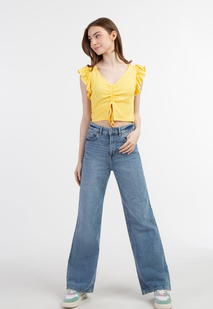 Geripptes Crop-Top mit Rüschen