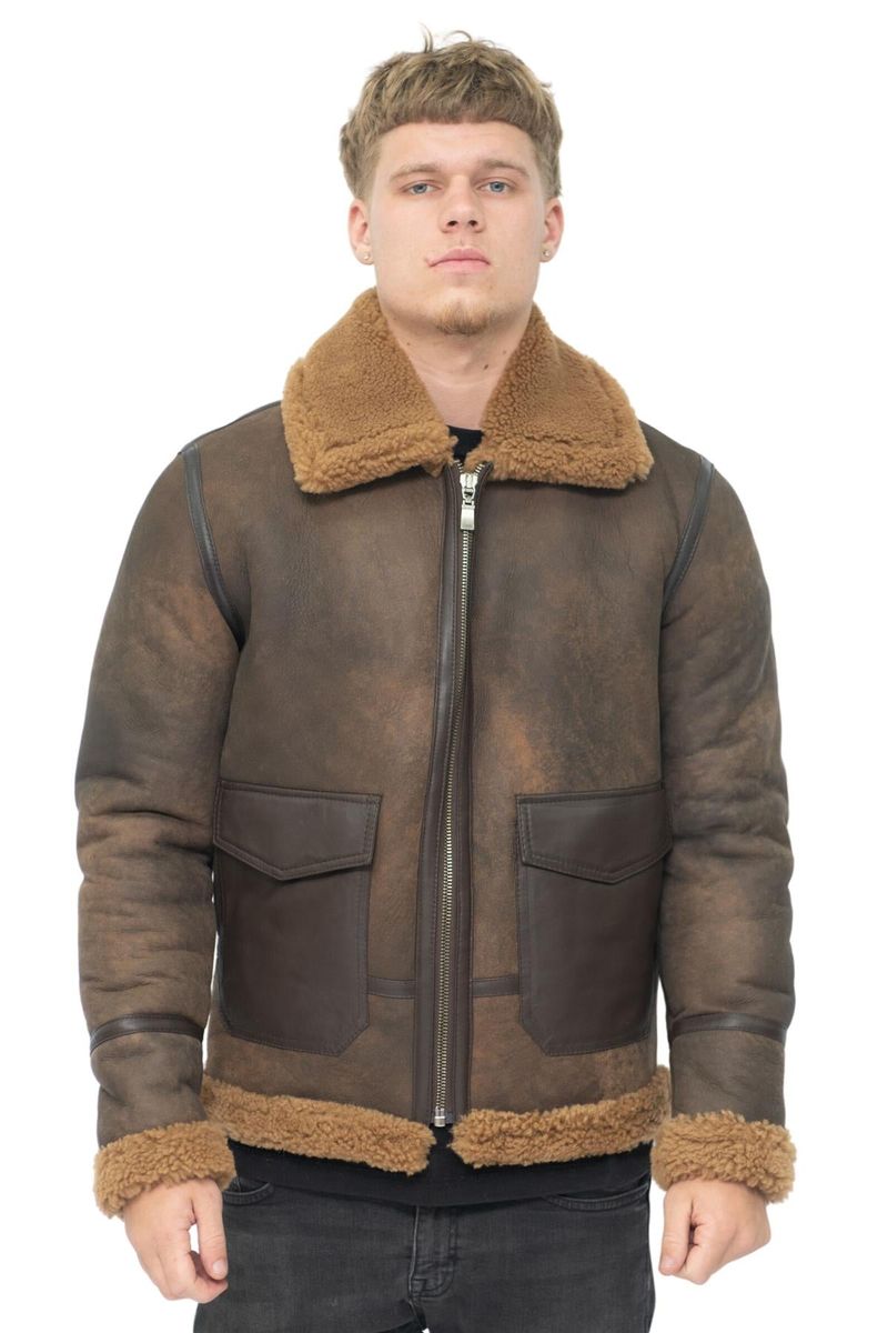 Vintage braune Shearling-Fliegerjacke
