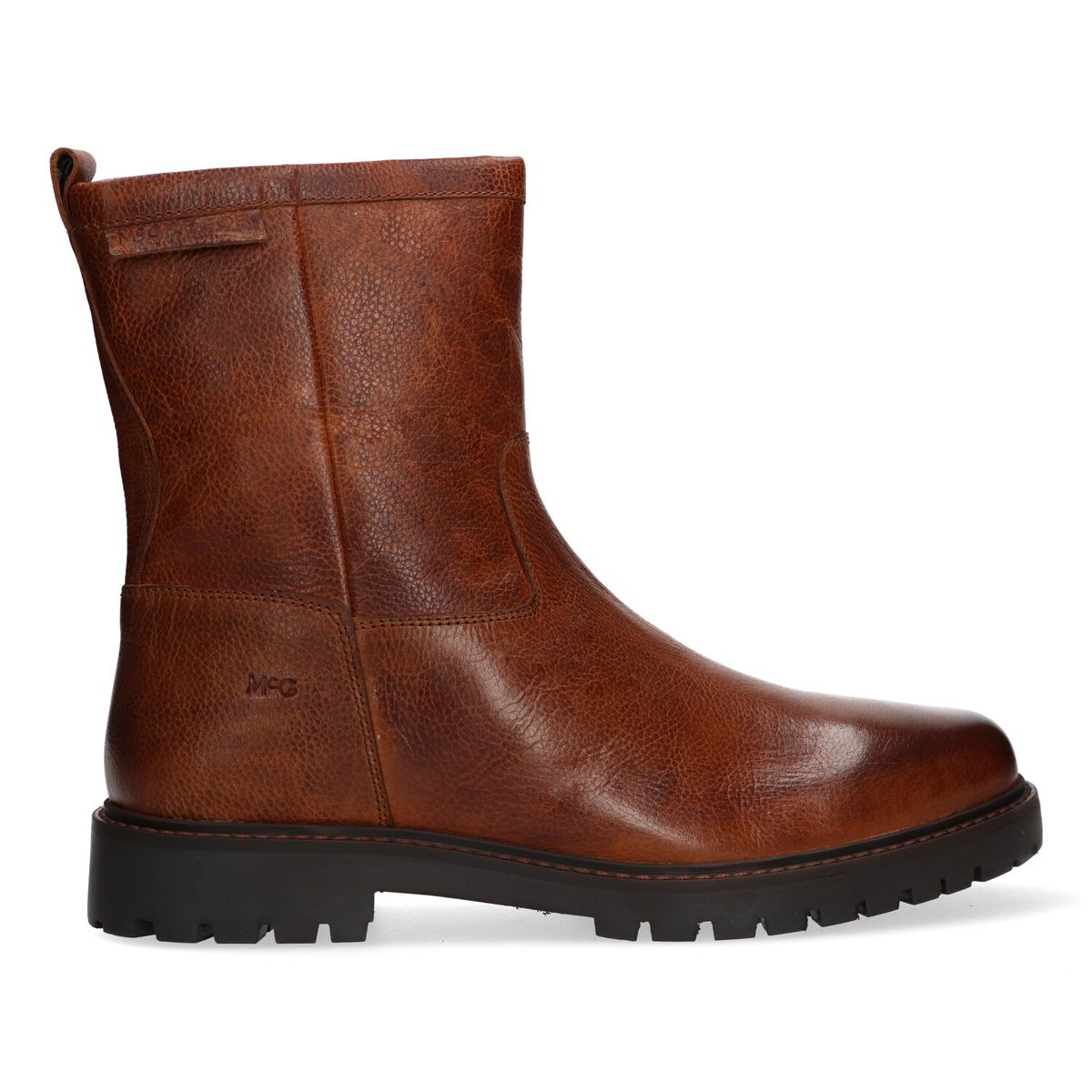 Braune Lederstiefel bis zur Mitte der Wade