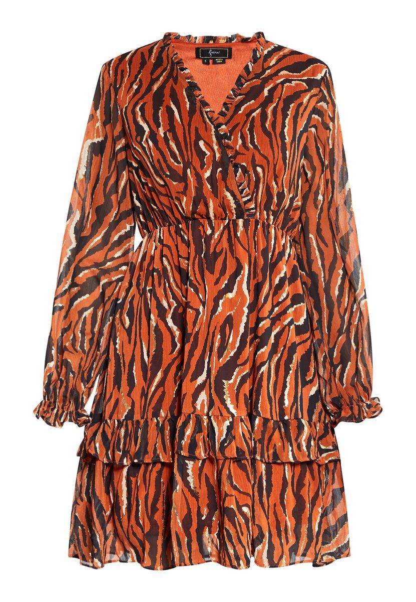 Gestuftes Mini-Kleid mit Tigerprint und Rüschen