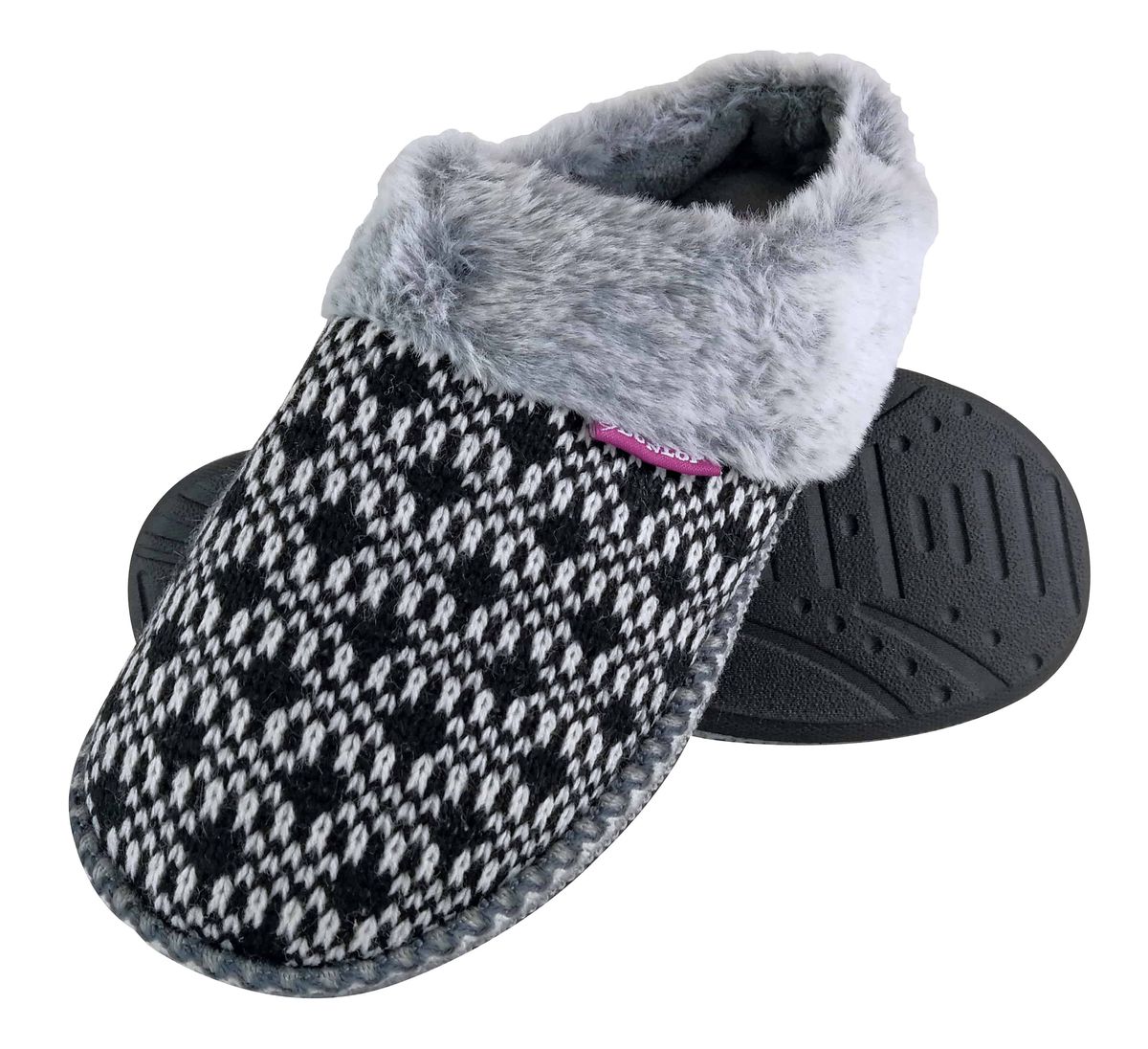 Dunlop - Damen niedlich kuschelig Plüsch Memory Foam gestrickt Hausschuhe mit offenen Rücken Mules