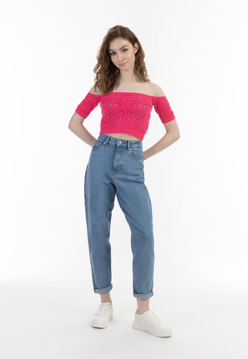 Schulterfreies Häkelstrick Crop-Top