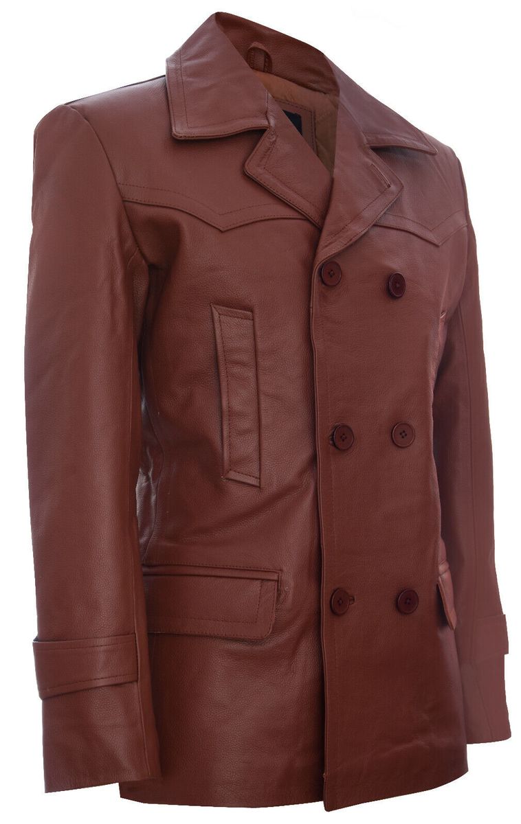 Zweireihige Marine-Cabanjacke aus Leder