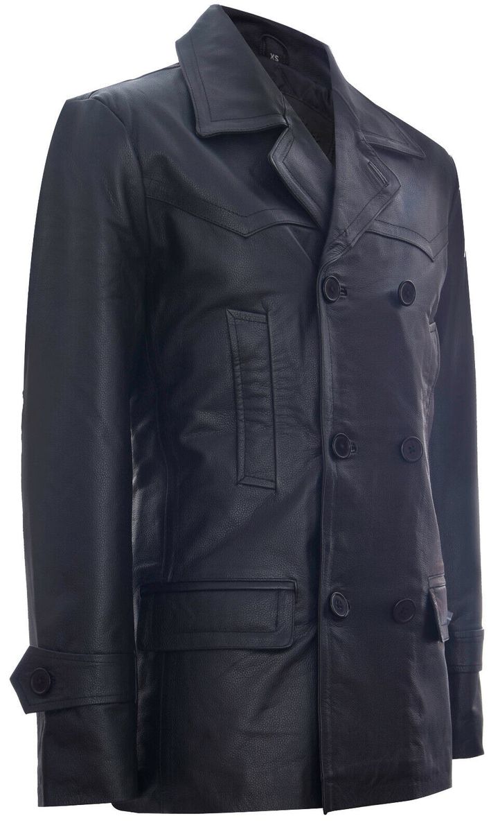 Zweireihige Marine-Cabanjacke aus Leder