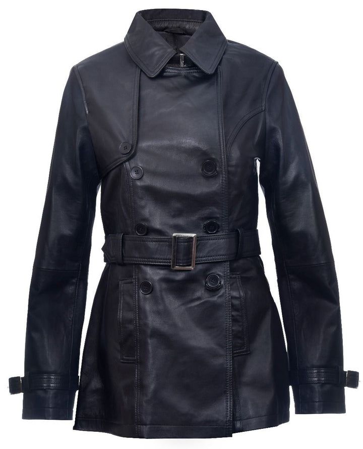 Klassischer zweireihiger Leder-Trenchcoat