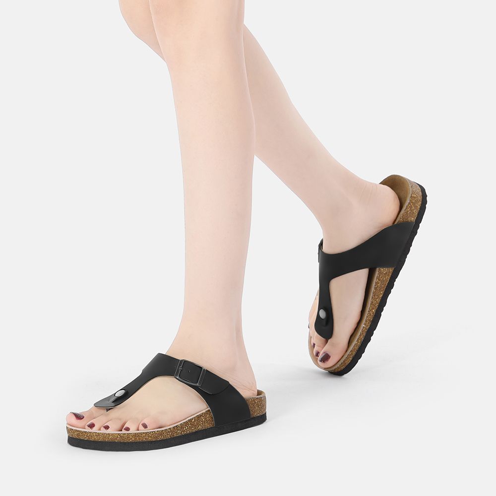 Klassische Leder Zehenstegsandalen mit Kork