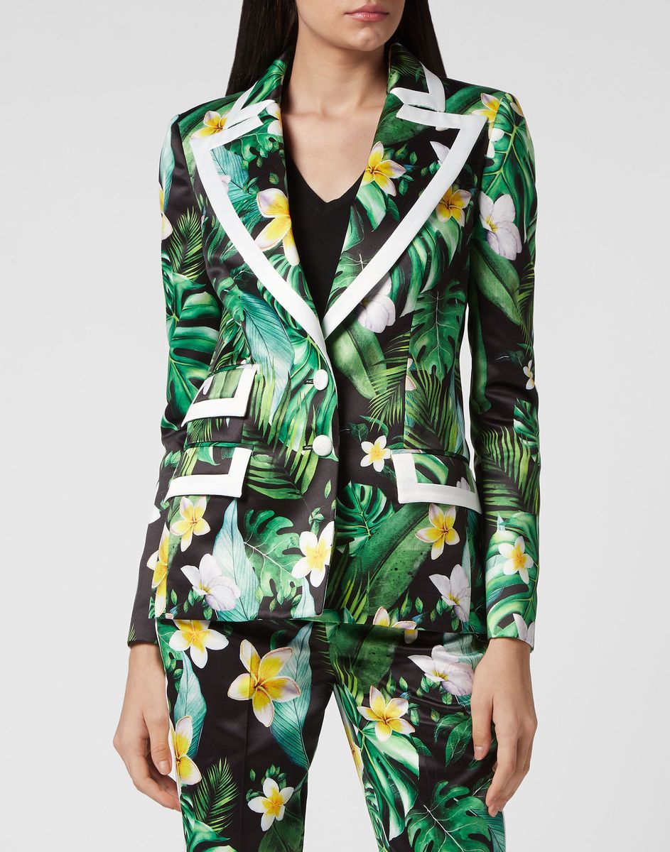 Blazer aus Satin mit Blumendruck und Besatz