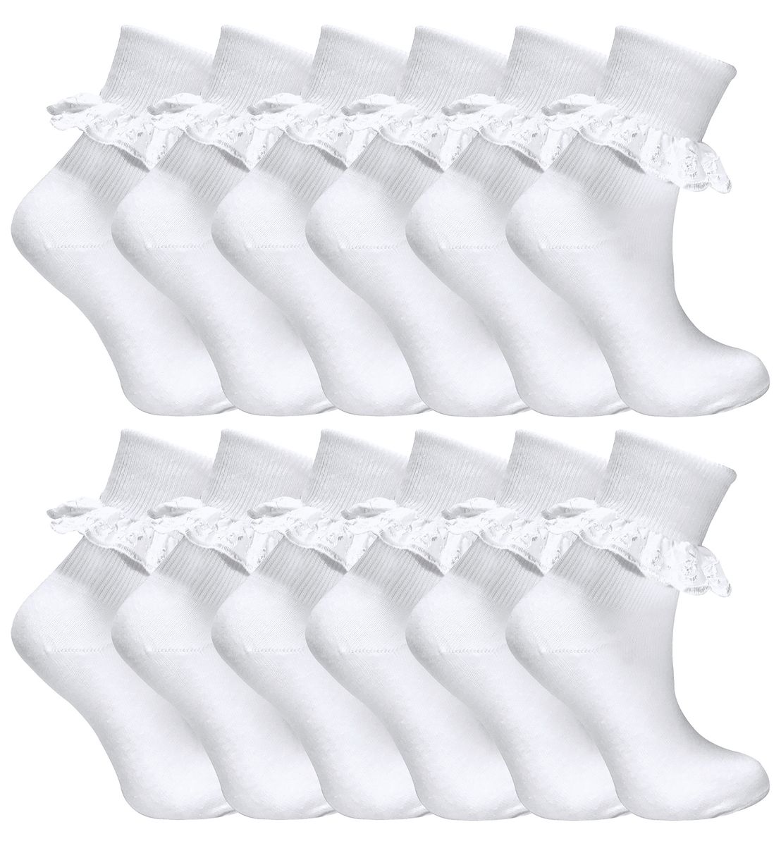 12 Paar Multipack White Frilly Lace Socken | 7 Größen | Sock Snob | Girls Cute Cotton Rich School Socken - Weiß