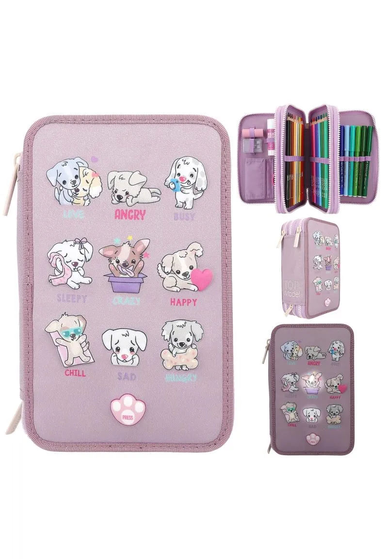 DEPESCHE 3-Fach Federtasche LED Hunde mit Stifte TOPModel 20 x 13 7,5 cm, pink, 99