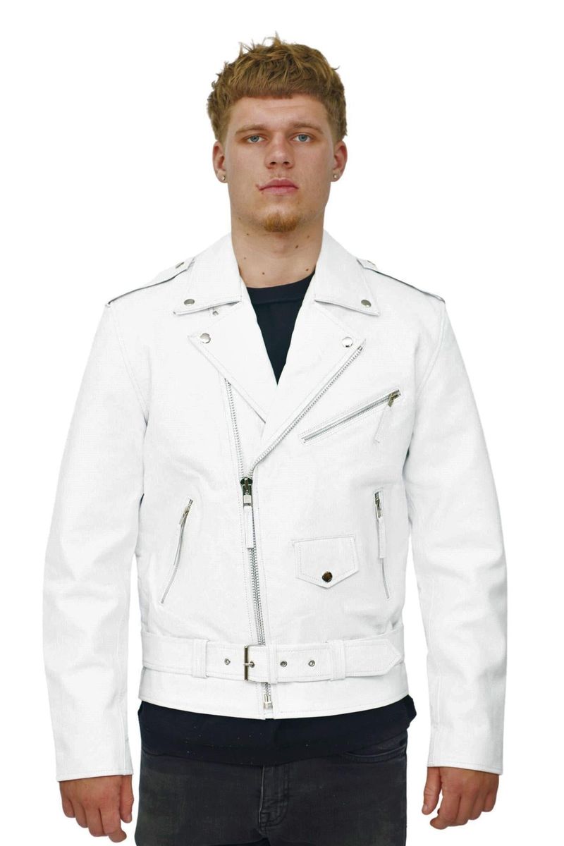Weiße Leder-Bikerjacke mit Gürtel