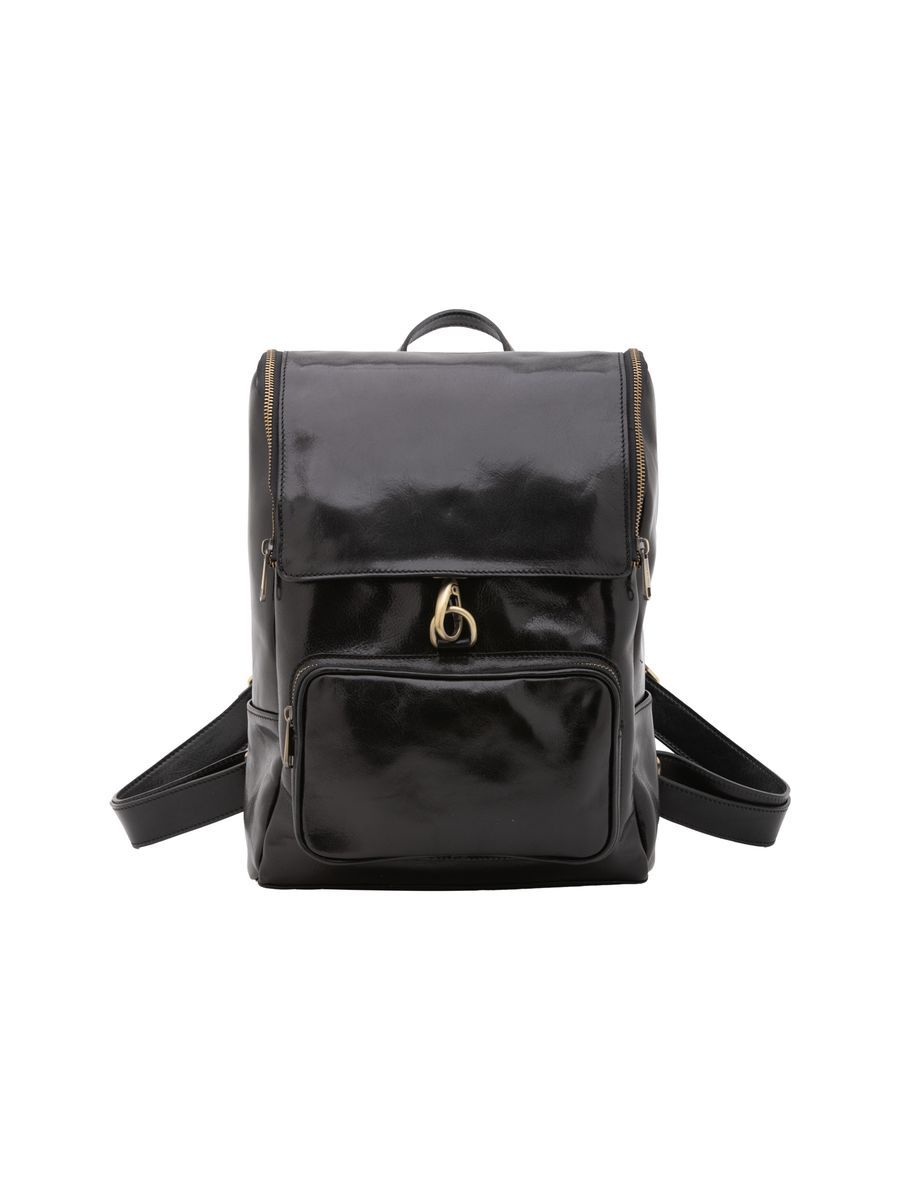 Schwarzer Leder Rucksack mit Klappe