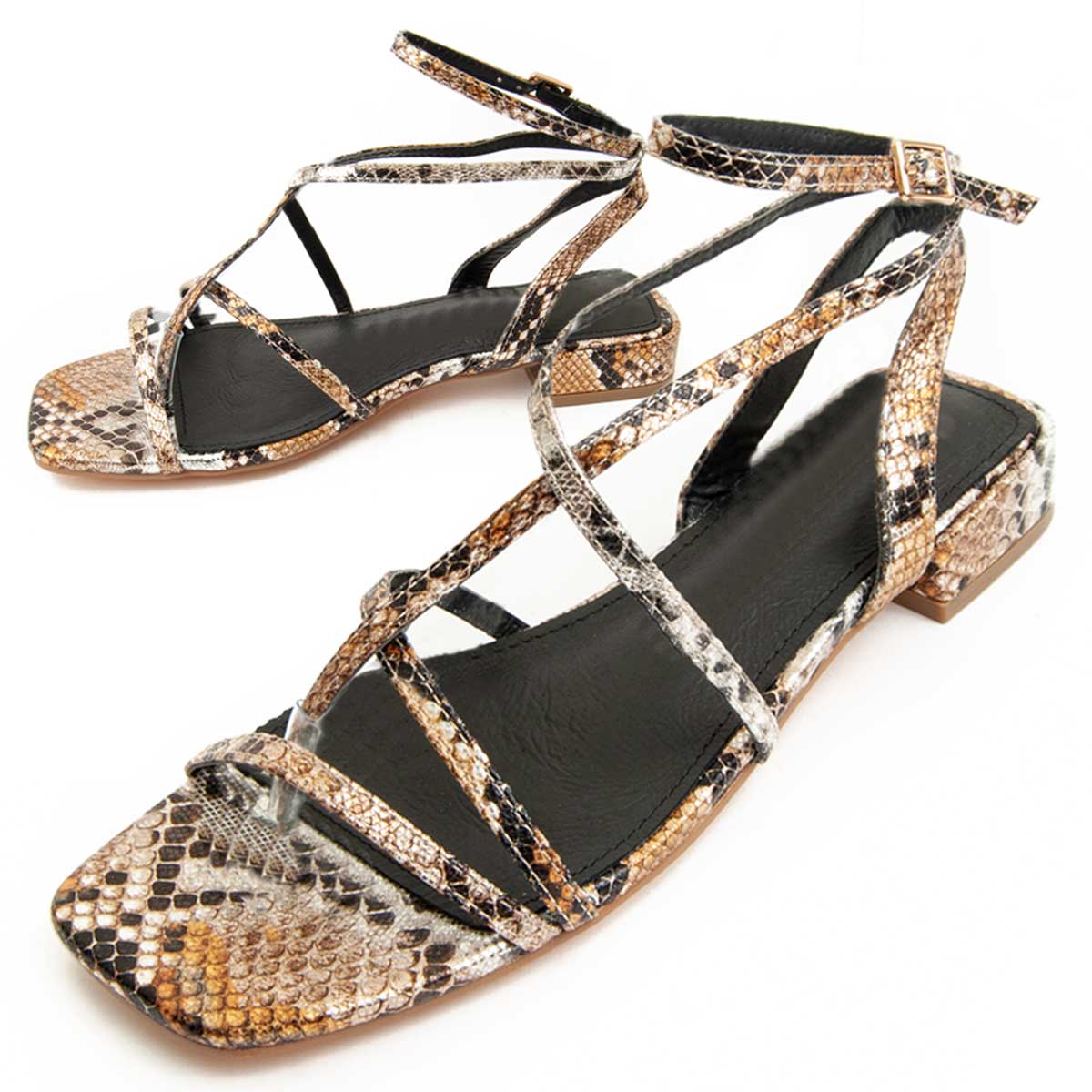 Riemchen Sandalen mit Schlangenmuster und eckiger Spitze