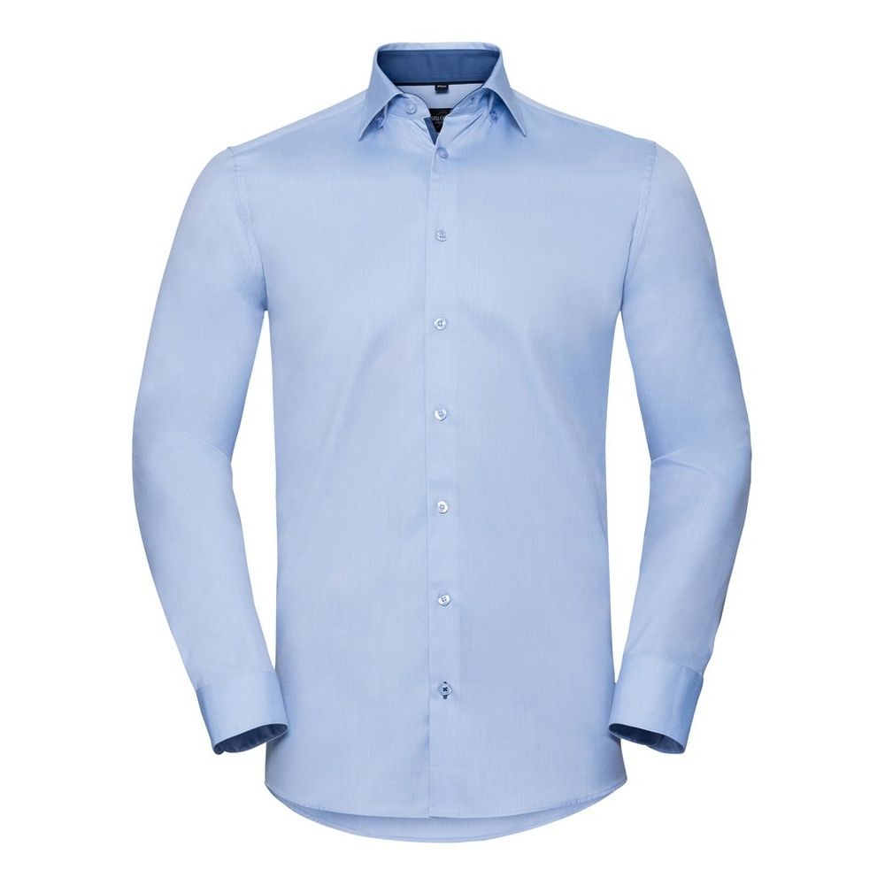 Russell Collection Herren Langarmhemd mit Fischgrätmuster (Hellblau/Mittelblau)
