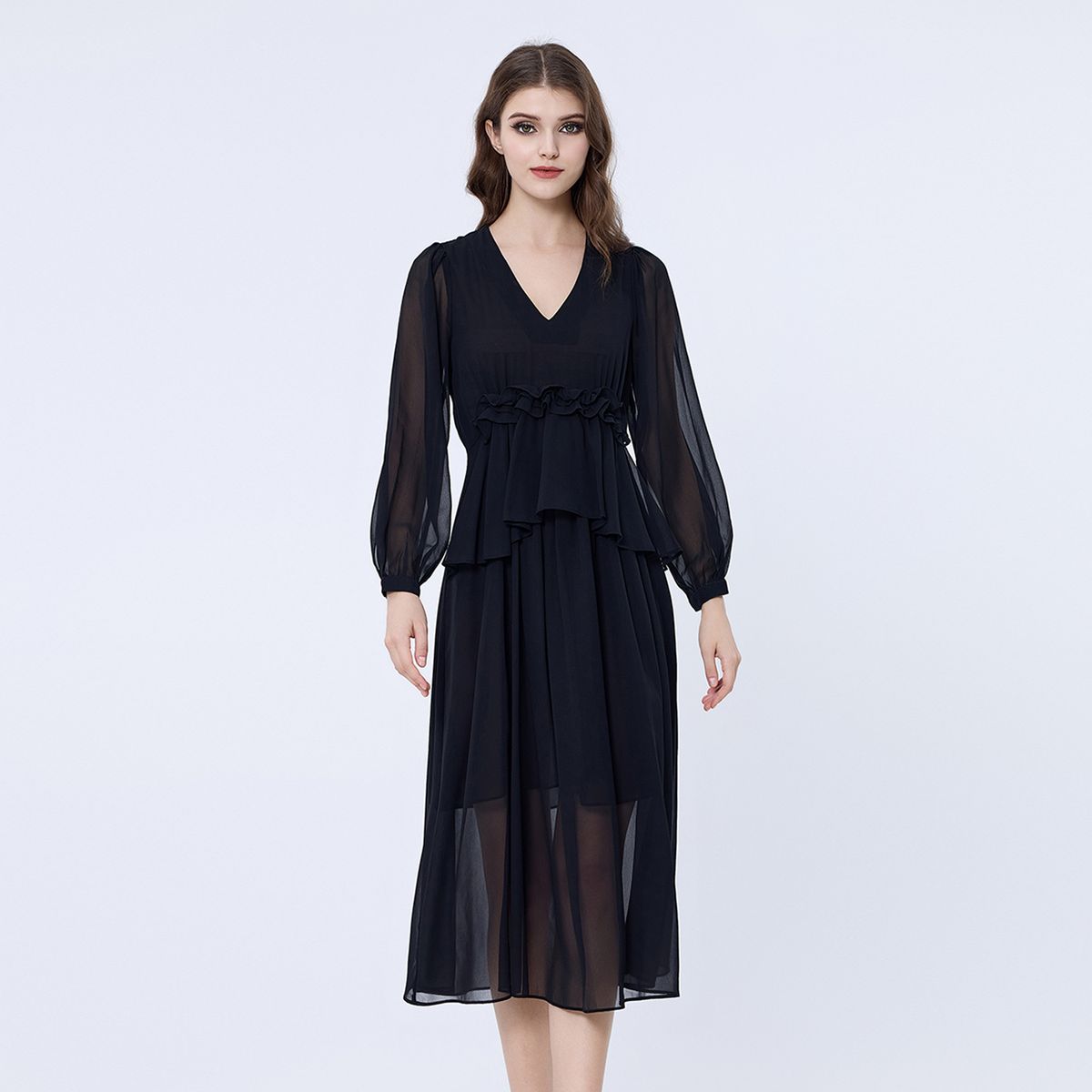 Chiffon Rüschen Midikleid mit langen Ärmeln
