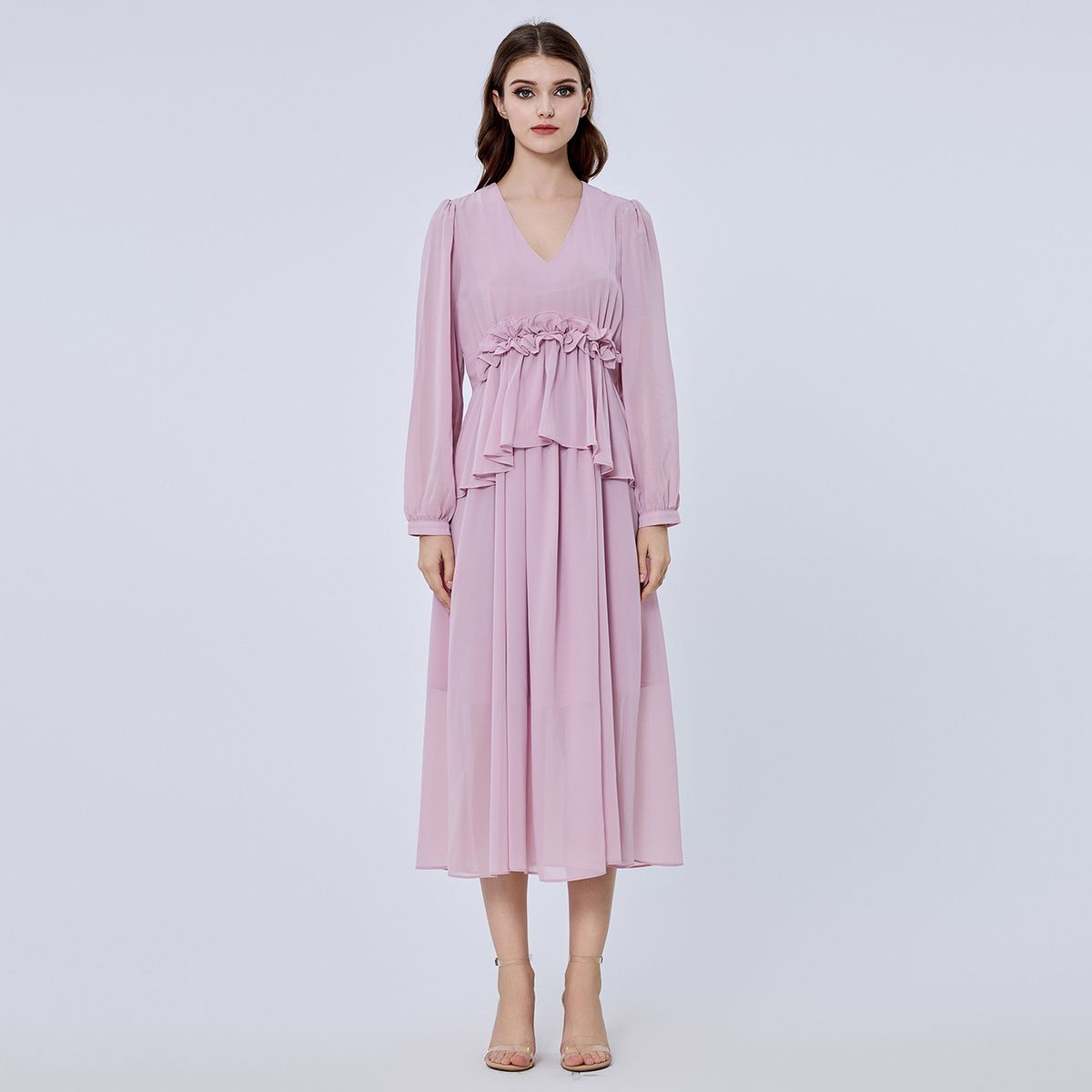 Chiffon Rüschen Midikleid mit langen Ärmeln