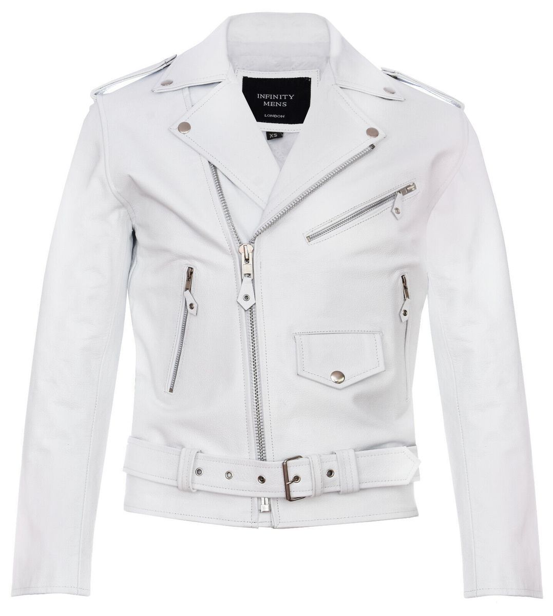 Weiße Leder Bikerjacke mit Gürtel
