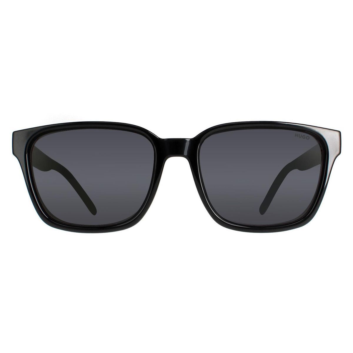 Rechteckige, schwarze Sonnenbrille mit grauen Gläsern