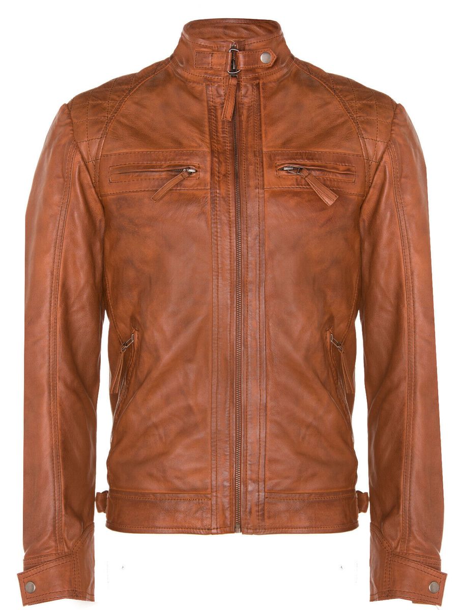 Braune Leder Bikerjacke gesteppte Schultern