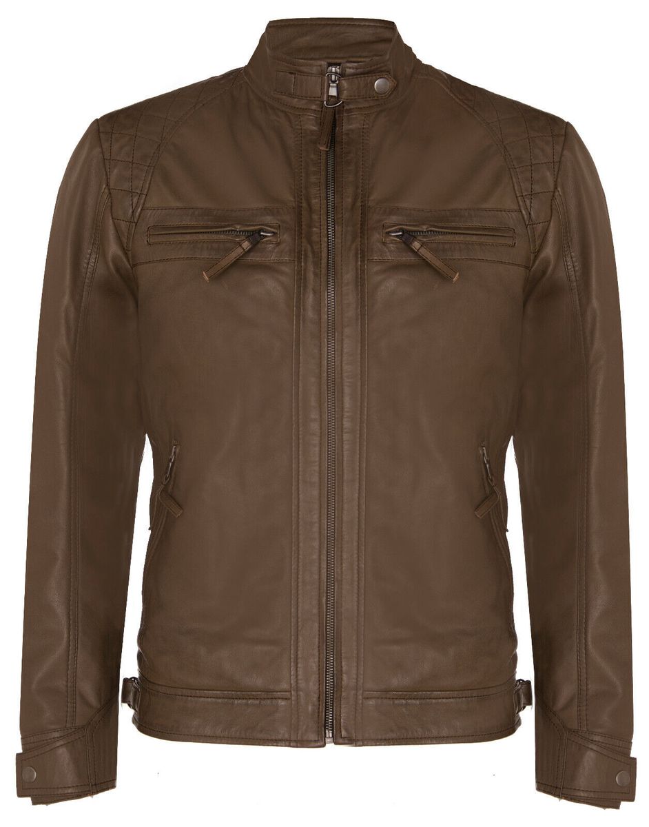 Braune Leder Bikerjacke gesteppte Schultern