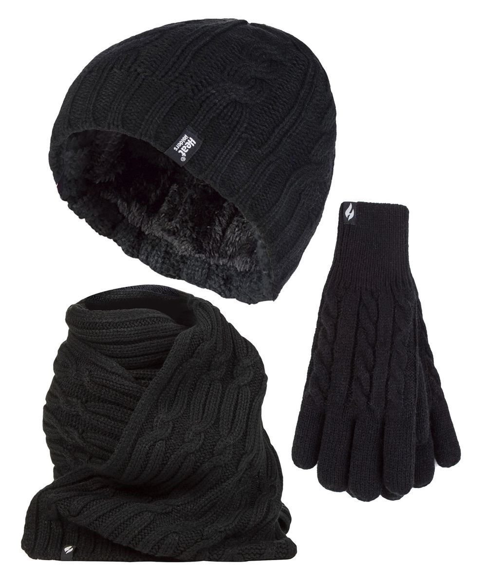 Damen-Set aus Strickmütze, Schal und Handschuhen | Wärmehalter | Mit Fleece gefüttertes Thermo-Kaltwetter-Set für Damen für den Winter, Schwarz