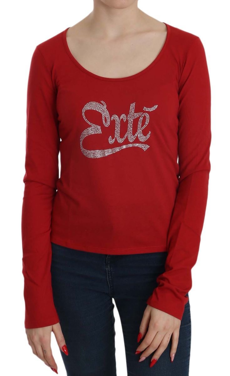 Exte Damen Bluse mit roten Kristallverzierungen und langen Ärmeln