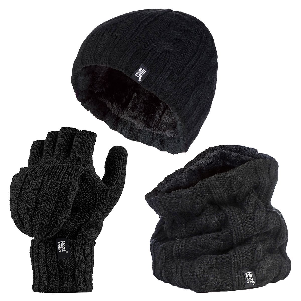 Heat Holders - Womens Thermal Winter Fleece Mütze, Halswärmer und Converter Handschuhe Set - Schwarz