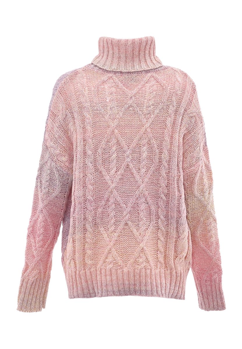 Rollkragenpullover mit Zopfmuster und Regenbogenverlauf