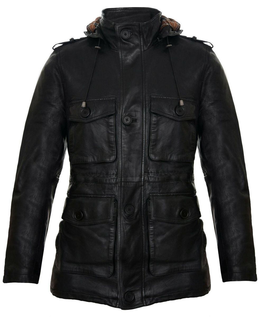 Leder Trenchcoat mit Kapuze und Taschen